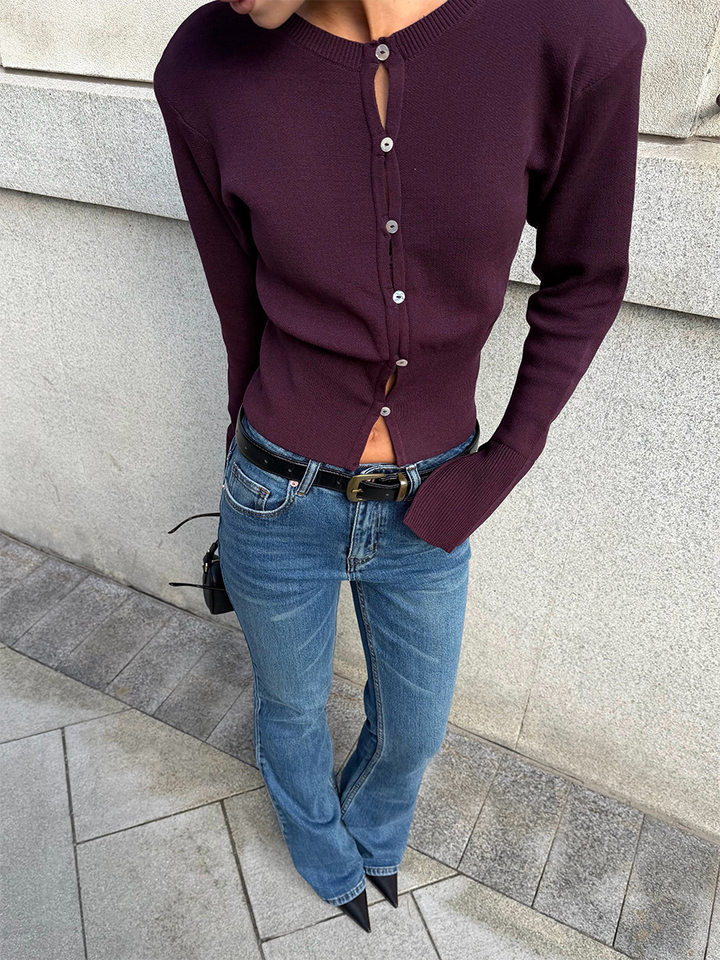 Áo len cardigan nữ cổ tròn dáng ôm thắt eo tay dài cổ tay xẻ, dài áo 50–65 cm — Vàng nhạt, Xanh da trờicolor, màu nâu, màu tím chi tiết 4