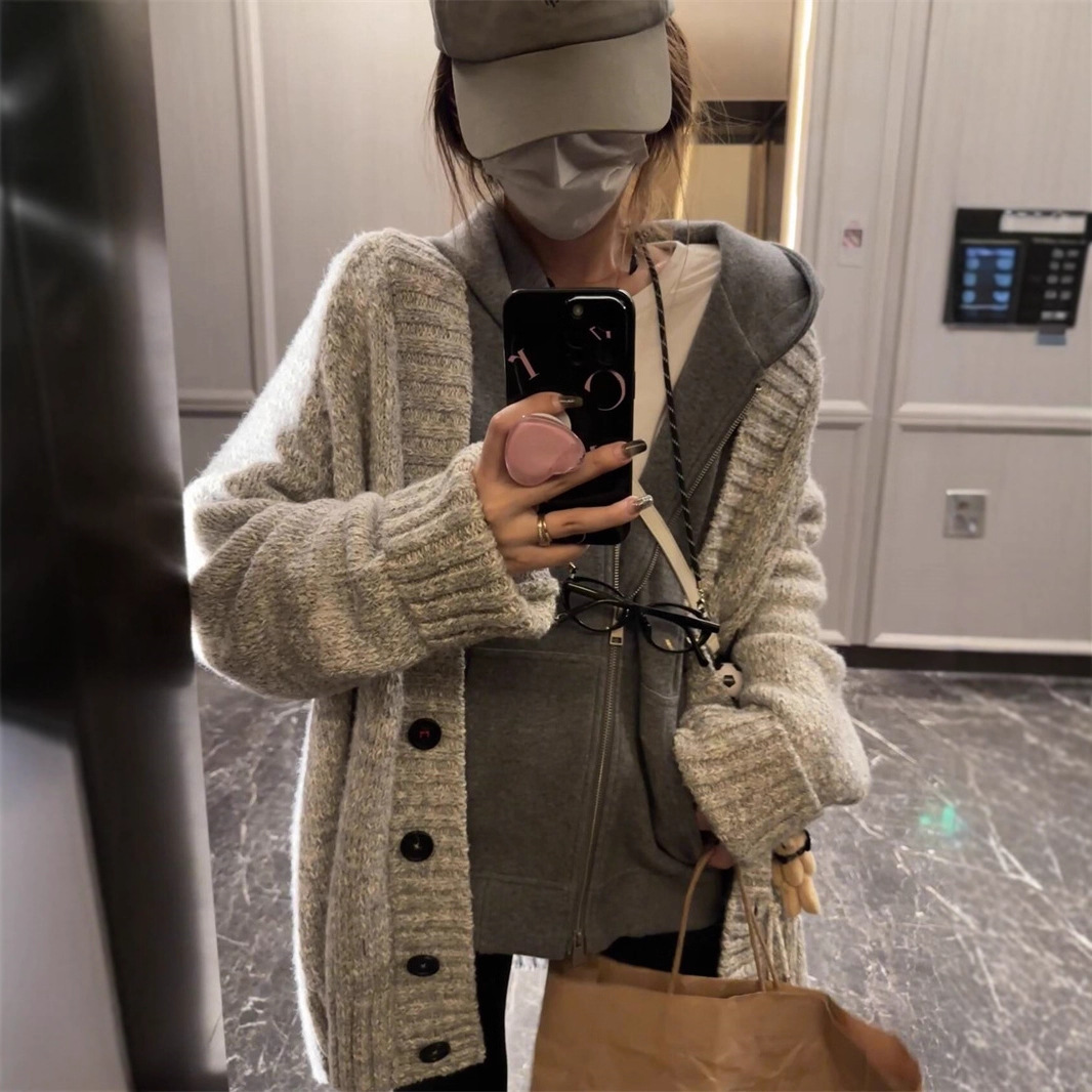 2025年慵懒风灰色马海毛针织开衫女秋喜马拉雅中长款宽松毛衣外套