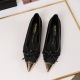 2161-2 Korean retro hollowed out mesh shallow mouth low heel women's shoes metal pointed bow thick heel temperament single shoe women