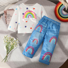 25新款跨境外贸秋冬款长袖立体发泡彩虹T恤印花长裤两件套可爱