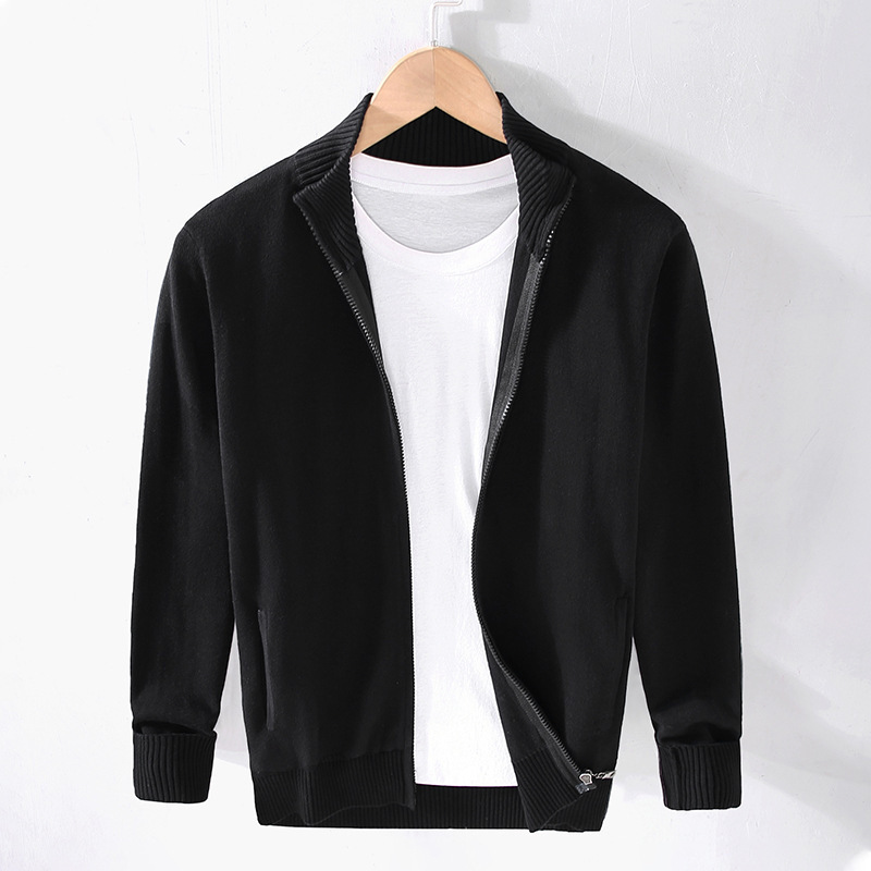8503 Autumn and Winter Pocket Cardigan Sweater Men's Stand Collar Slim Zipper Casual Solid Color Cotton Yarn Knitted Sweater Top