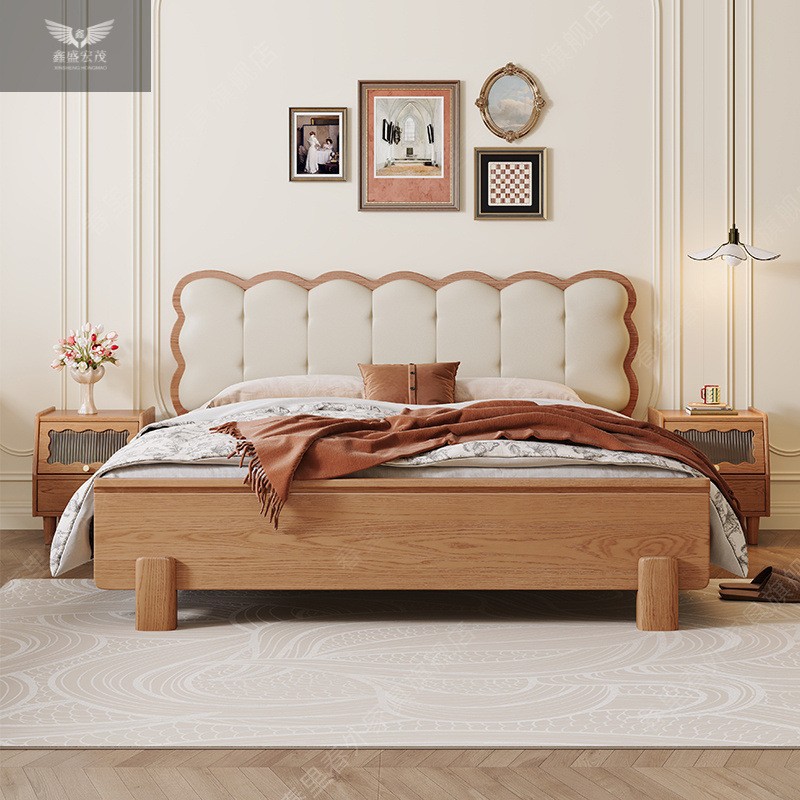 Dormitorio principal simple lujoso madera de cera blanca cama de madera sólida estilo medieval 1.8m doble cama queen 1.5m cama de respaldo suave