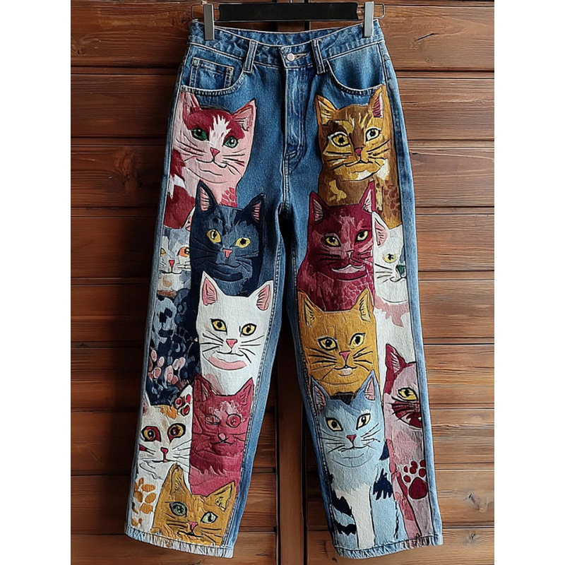 Independent Site Xiyin Shopee Popular 2025 New 3D Heat Transfer Bell-Bottom Pants Simulated Denim Pants Loose Pants
