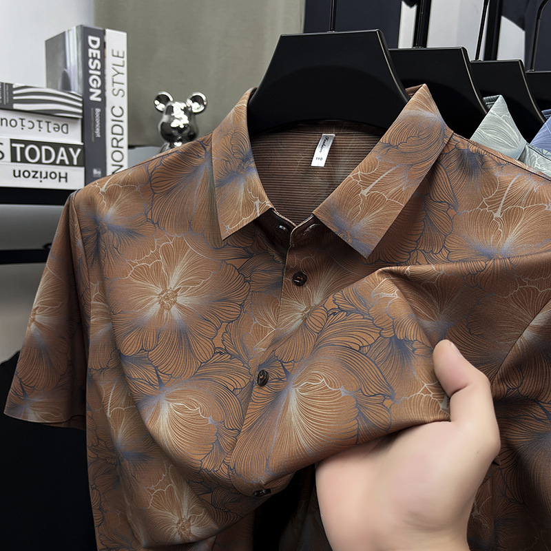 Men's Summer New Business Casual Short-Sleeve Shirt Made of Mulberry Silk, Ice Silk Seamless Stretch Non-Iron Floral Shirt Men's Summer New Business Casual Short-Sleeve Shirt Made of Mulberry Silk, Ice Silk Seamless Stretch Non-Iron Floral Shirt