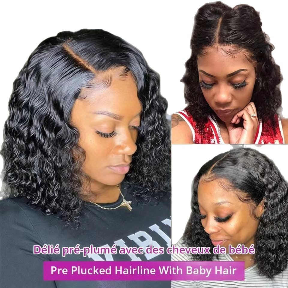 Peluca de encaje frontal estilo europeo y americano para mujer, cabello corto rizado negro con raya en medio y pequeños rizos, fibra sintética resistente a altas temperaturas con gorro.