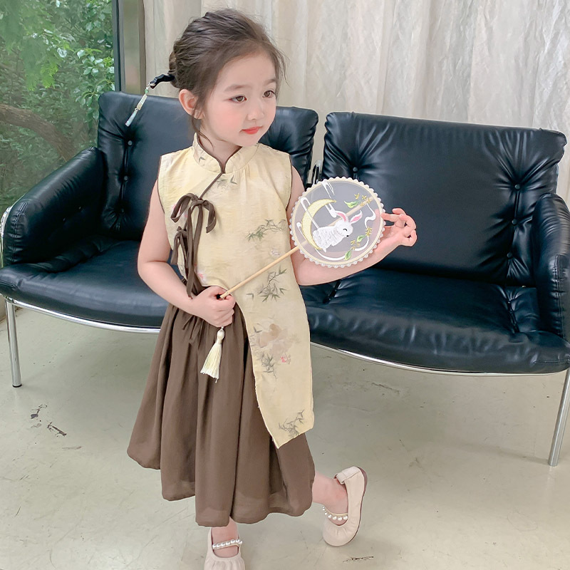Girls' cheongsam summer 2024 new two-piece set children's national style Hanfu summer skirt girl's summer skirt