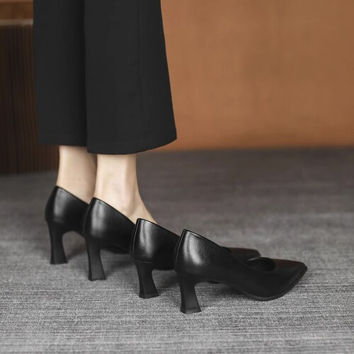 2024 black professional work single-layer shoes, flight attendant formal dress etiquette high heels, work women's shoes, ultra-high heels, slip-feet