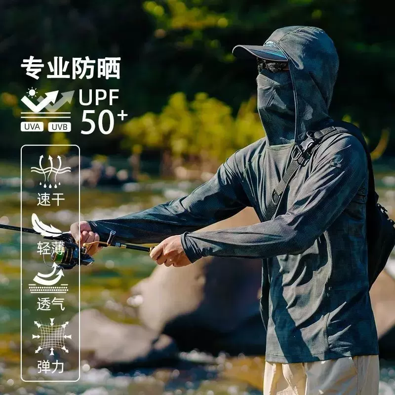 防晒服男冰丝夏季超薄遮面迷彩防紫外线户外速干钓鱼透气防晒衣男