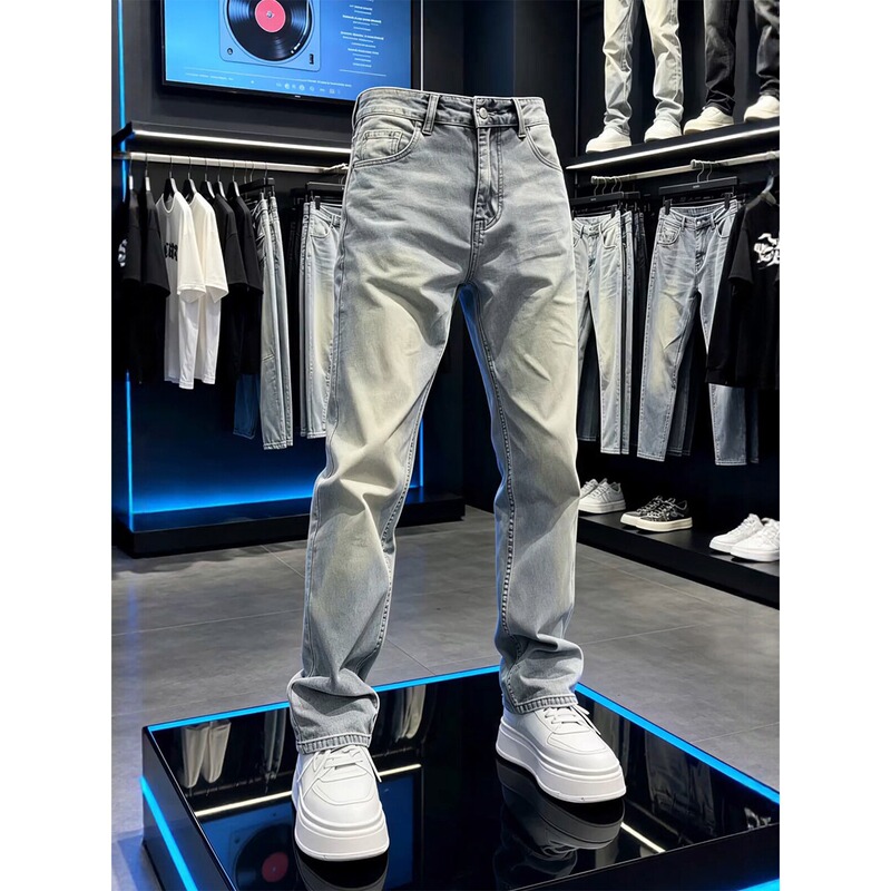 Vintage Blue Washed Distressed Jeans for Men, Trendy Versatile Loose Straight-Leg Pants, High Street Cool Casual Long Pants