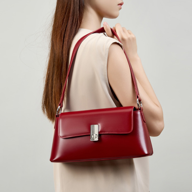Red Crossbody Women's New Commuter Handbag Shoulder Bag French Style Niche Luxury Genuine Leather Underarm Bag