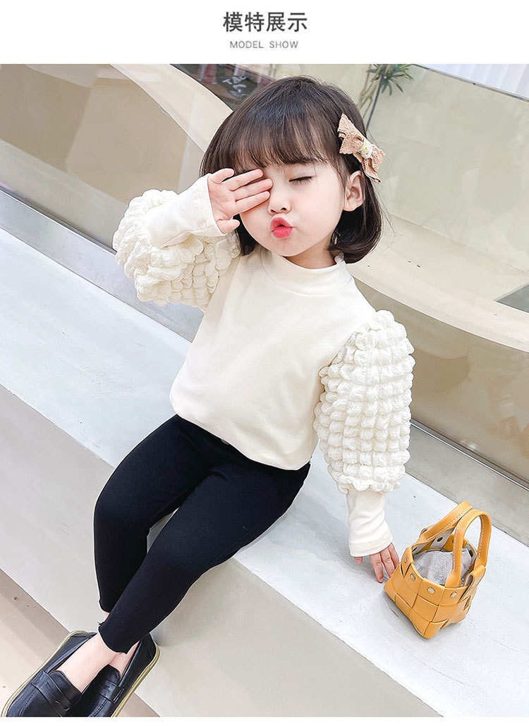Girls' Long-Sleeve T-Shirt Autumn 2021 New Bubbling Sleeve Top Children's Base Shirt Pure Color Foreign Trade Wholesale Distribution