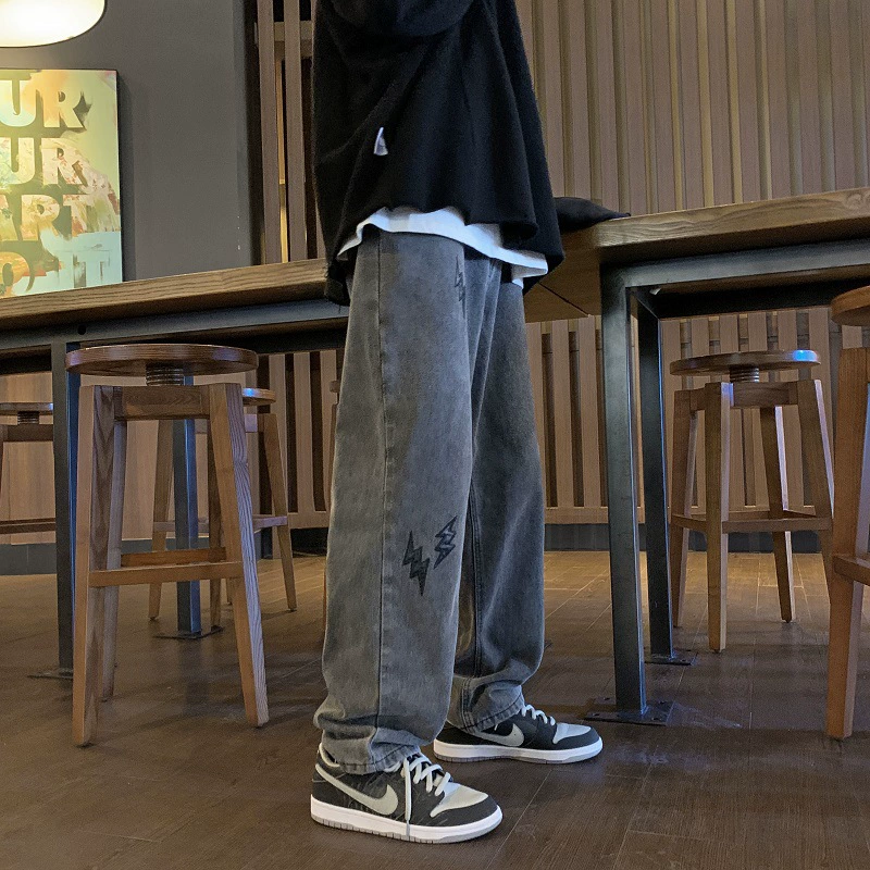 Demi-season trousers, retro loose straight jeans, American style