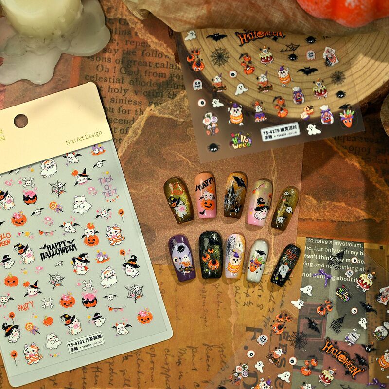 New Embossed Paper Pumpkin Spider Web Skull Ts-4179 Ghost Party Iron Popular Halloween Dark Nail Stickers
