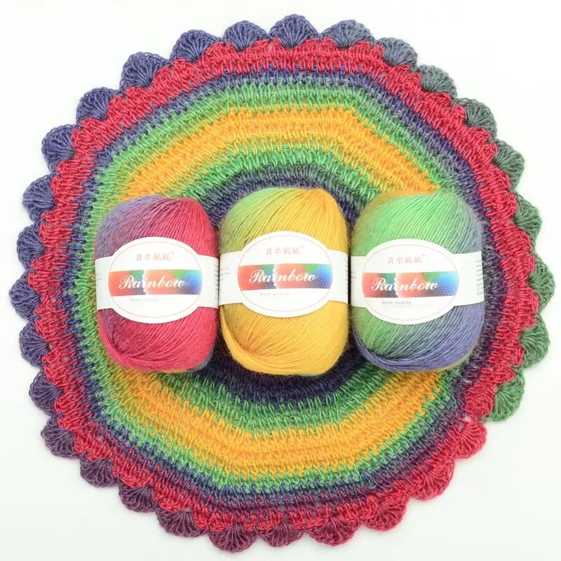 Factory direct segment dyed rainbow wool line color gradient thick needle wool hand-knitted hat scarf line special price