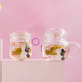 中式蝶伴猫趣玻璃泡茶杯茶水分离办公杯泡花茶内胆过滤带盖马克杯