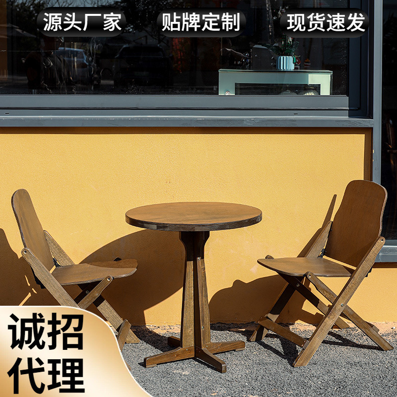 Retro folding distressed living room leisure round table dining table solid wood coffee shop bed & breakfast milk tea shop portable table and chair