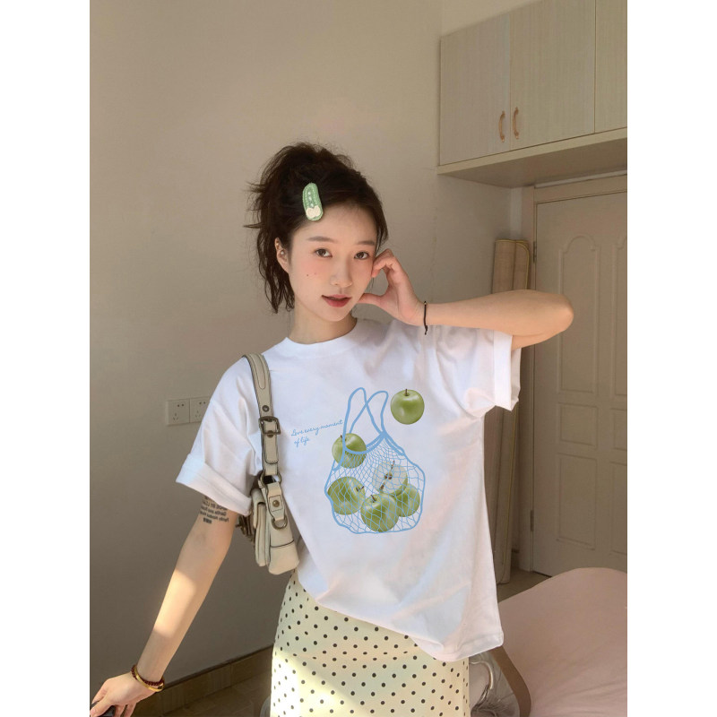 Korean-Style Ins Green Apple Print Short-Sleeve Women's Summer Casual Pure Cotton Base Shirt White T-Shirt