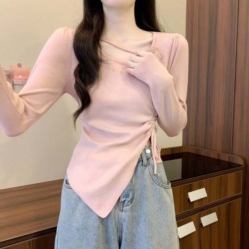 Drawstring Lace-up Split Irregular Solid Color Long Sleeve Sweater Autumn New Square Collar Three-dimensional Camellia Top for Women