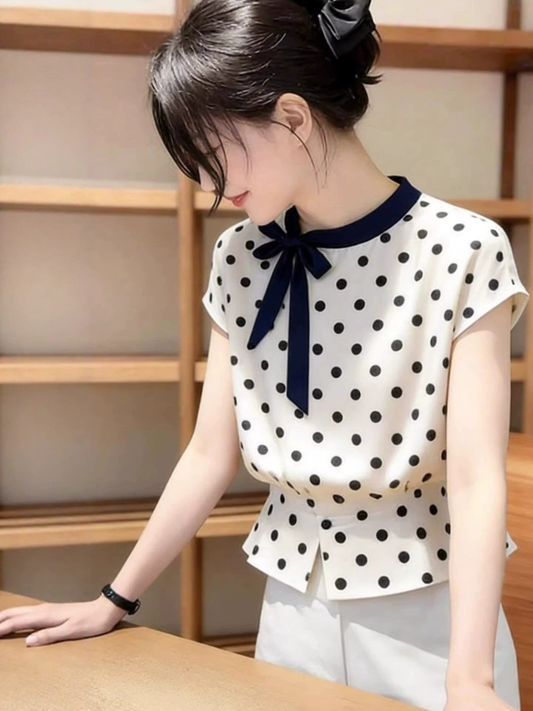 Áo sơ mi ngắn tay nữ họa tiết chấm bi nơ cổ điển, kiểu Hàn Quốc thời trang — Màu ảnh