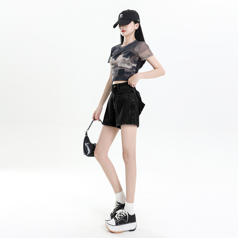 女性用リボンデニムショートパンツ、2025年夏の新作、小柄な人向けのゆったりとしたワイドレッグホットパンツ|undefined