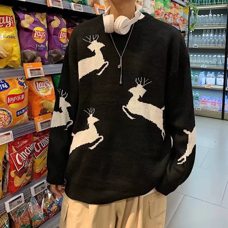 Demi-season knitted sweater unisex, cute bear/deer motif, sizes M–3XL (recommended body weight)