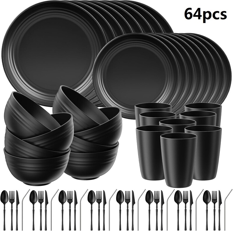 Cross-border black wheat straw plate, bowl, cup, cutlery, spoon, straw, tableware 32/64-piece set for home use, dinner plate and soup bowl set Cross-border black wheat straw plate, bowl, cup, cutlery, spoon, straw, tableware 32/64-piece set for home use, dinner plate and soup bowl set