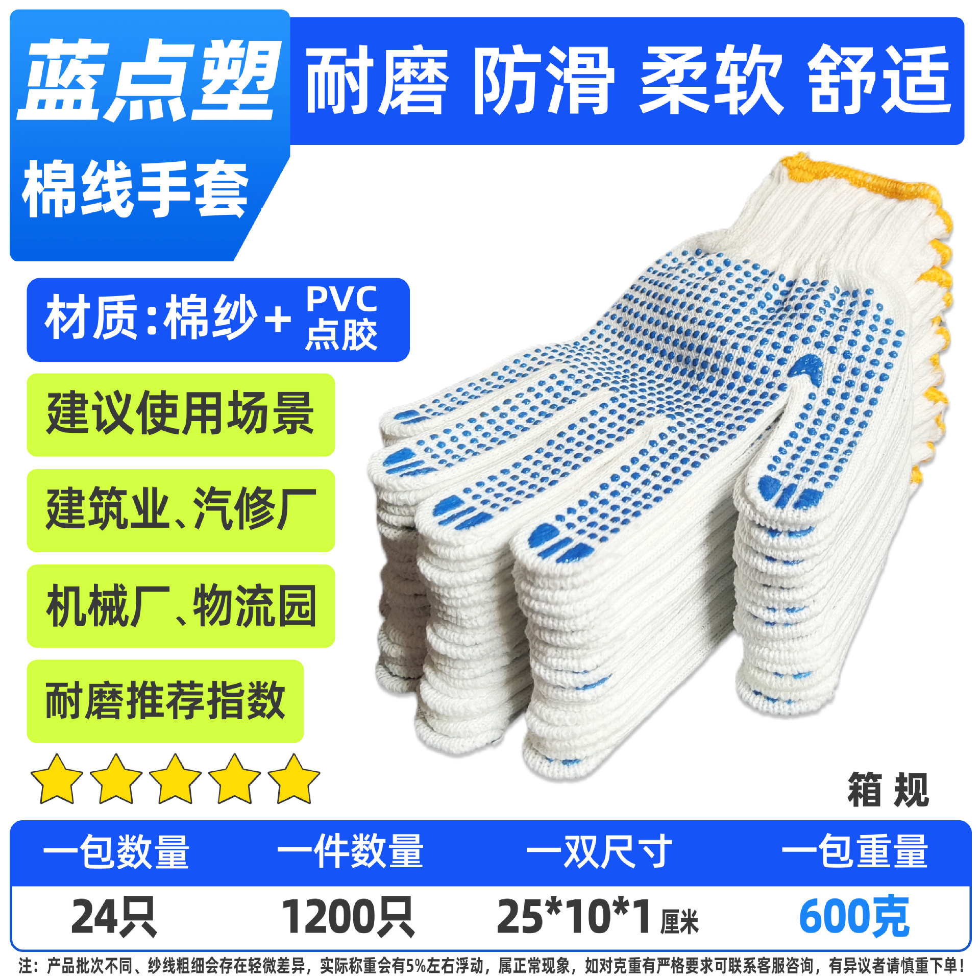 600수 면사 블루 도트 미끄럼 방지 작업용 장갑