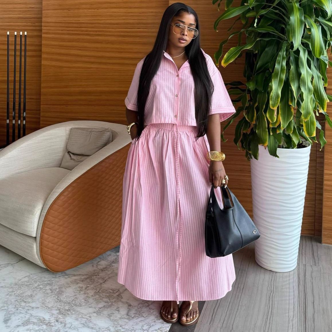 Women's Clothing Women's Style Striped Cardigan Shirt High Waist Slim Fit Tie Up Skirt Two Piece Set Fashion_ecoleips.com