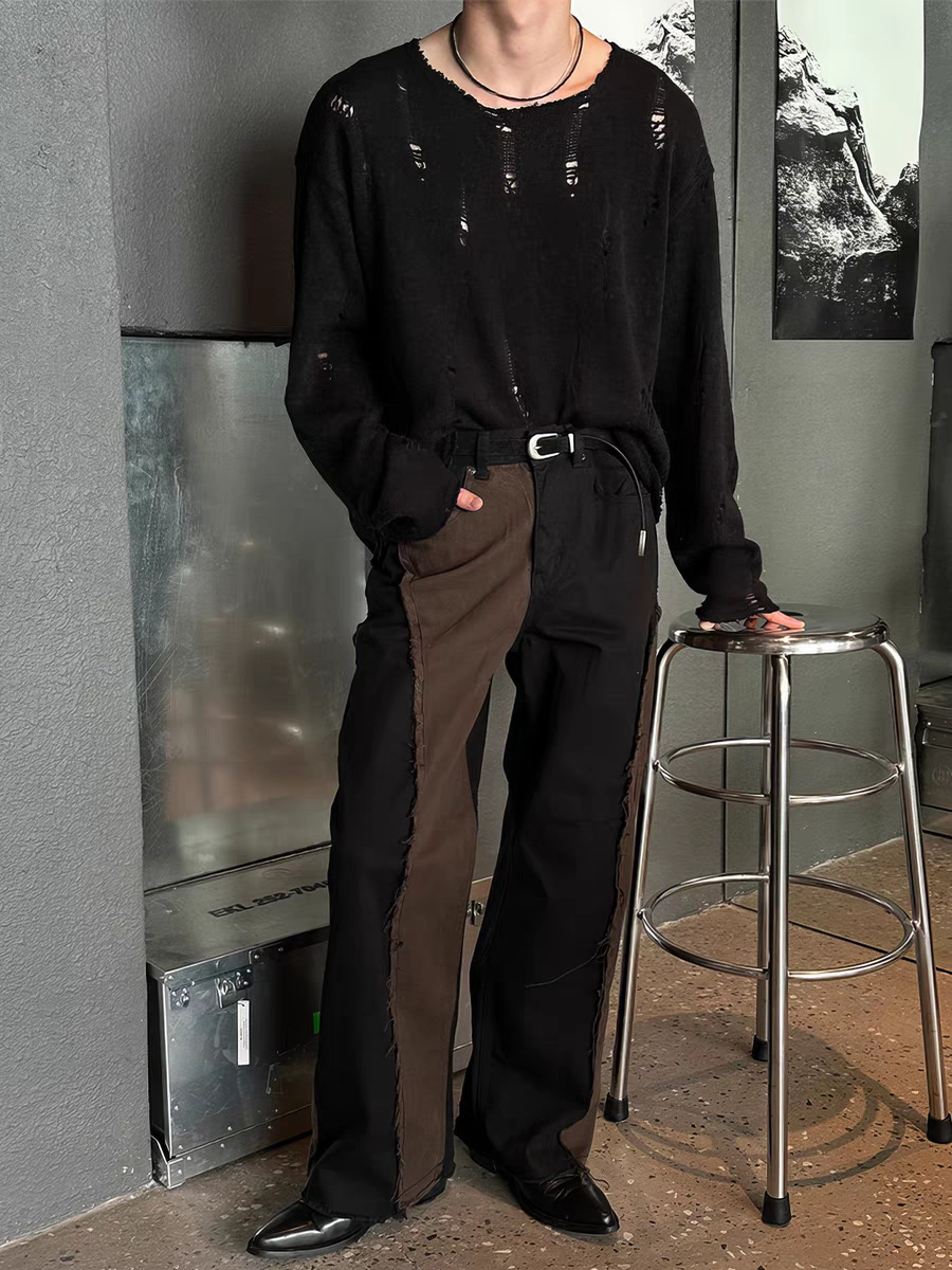 Herrenbekleidung: Herren-Strickpullover im Used-Look mit Spitzenbesatz und übergroßem Kragen – Trendiger Langarmpullover für Streetwear und Lagenlook_voghion.com