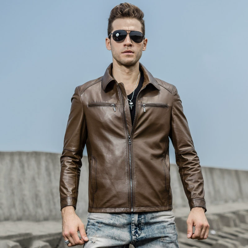 Leather jacket, cowhide genuine leather, zip pockets, classic cut