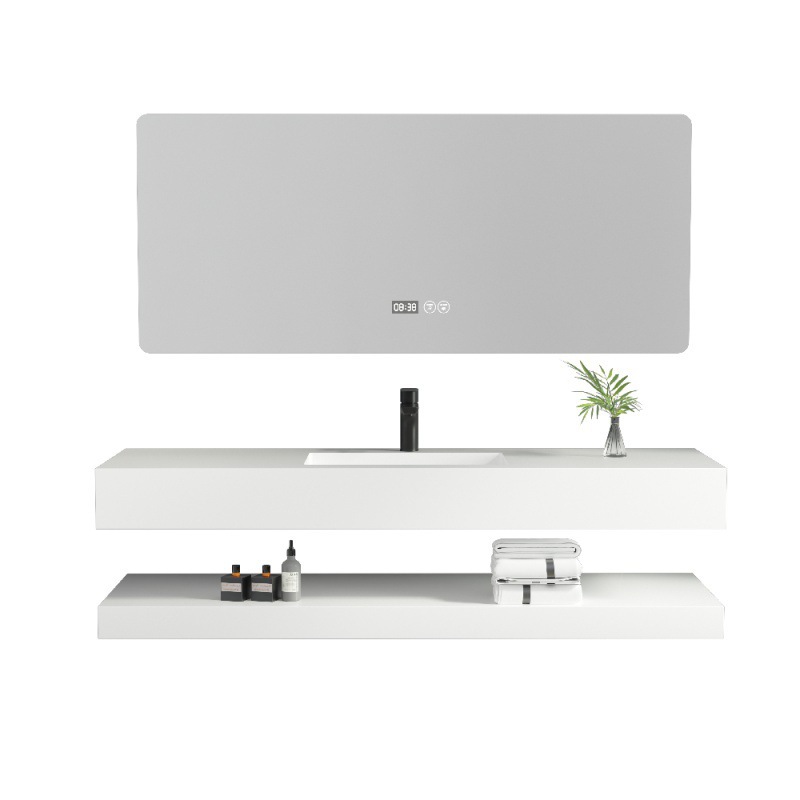 Combination of double-layered rock slab bathroom cabinet with washbasin, integrated washstand, seamless ceramic washbasin, simple design