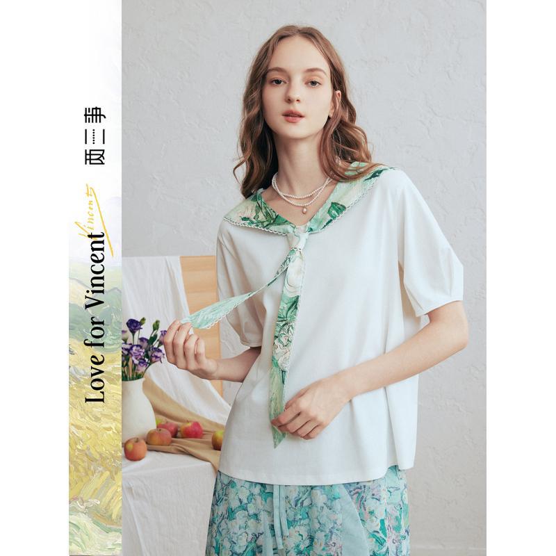 Van Gogh Artistic Oxygen Galaxy 2026 Spring New Printed Tie-Neck Puff Sleeve T-Shirt for Women Van Gogh Artistic Oxygen Galaxy 2026 Spring New Printed Tie-Neck Puff Sleeve T-Shirt for Women