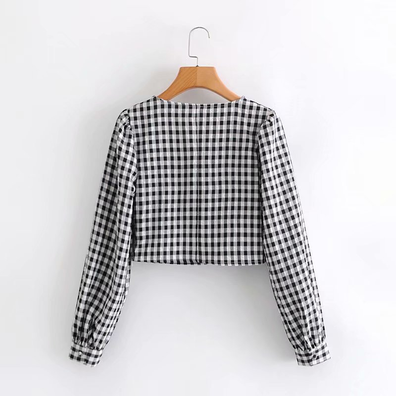 black and white plaid pleated blouse NSAM27839