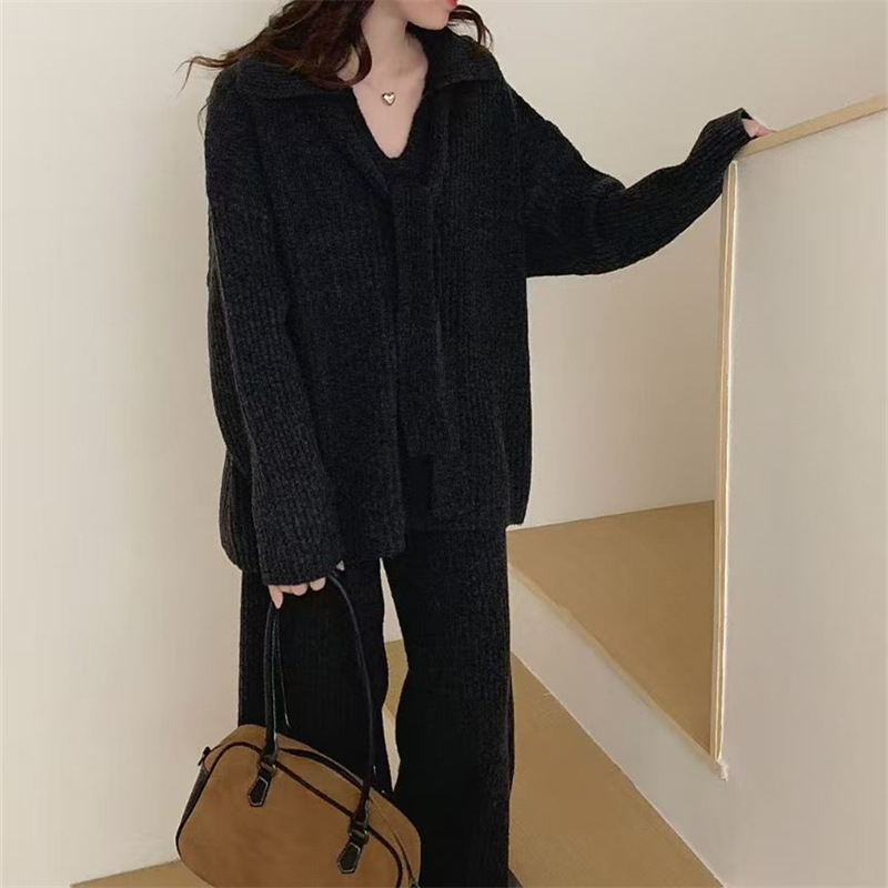 欧美时尚气质Polo领围脖毛衣高腰长裤针织衫秋冬新款跨境女式套装|undefined