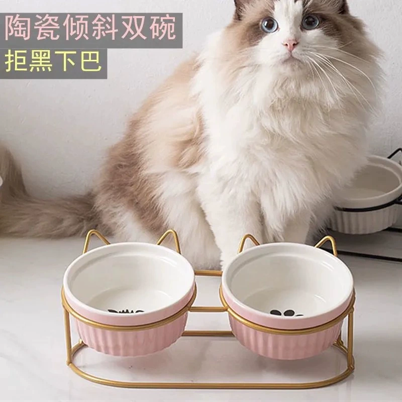 Керамическая миска для кошек Защита шеи высокой стопы Крепежная рама с двойной чашей Антиопрокидывающийся бассейн для корма для кошек и собак Чаша для воды Защита от наклона шейного отдела позвоночника
