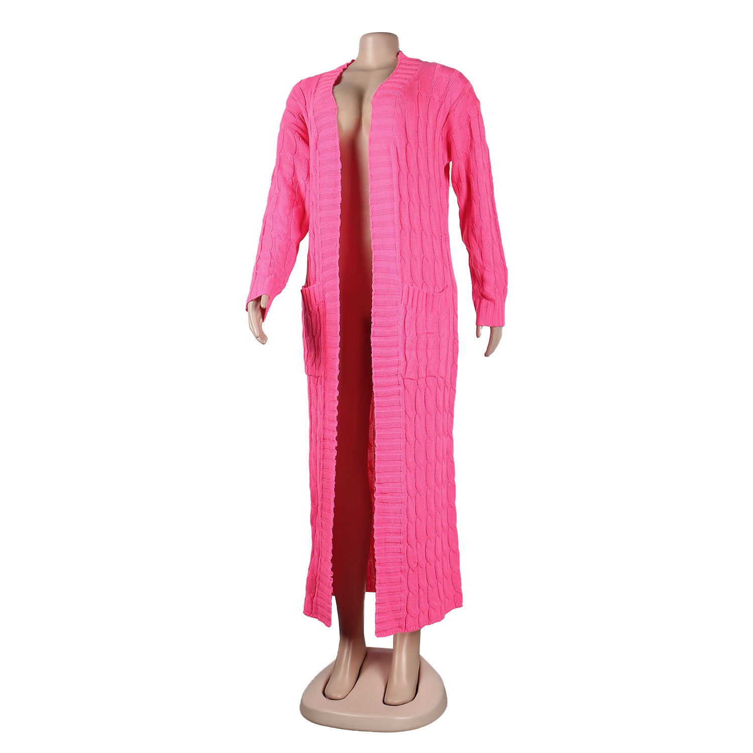 Damen Strickjacke Lang Aus Grobstrick In Unifarben Wintermantel_voghion.com