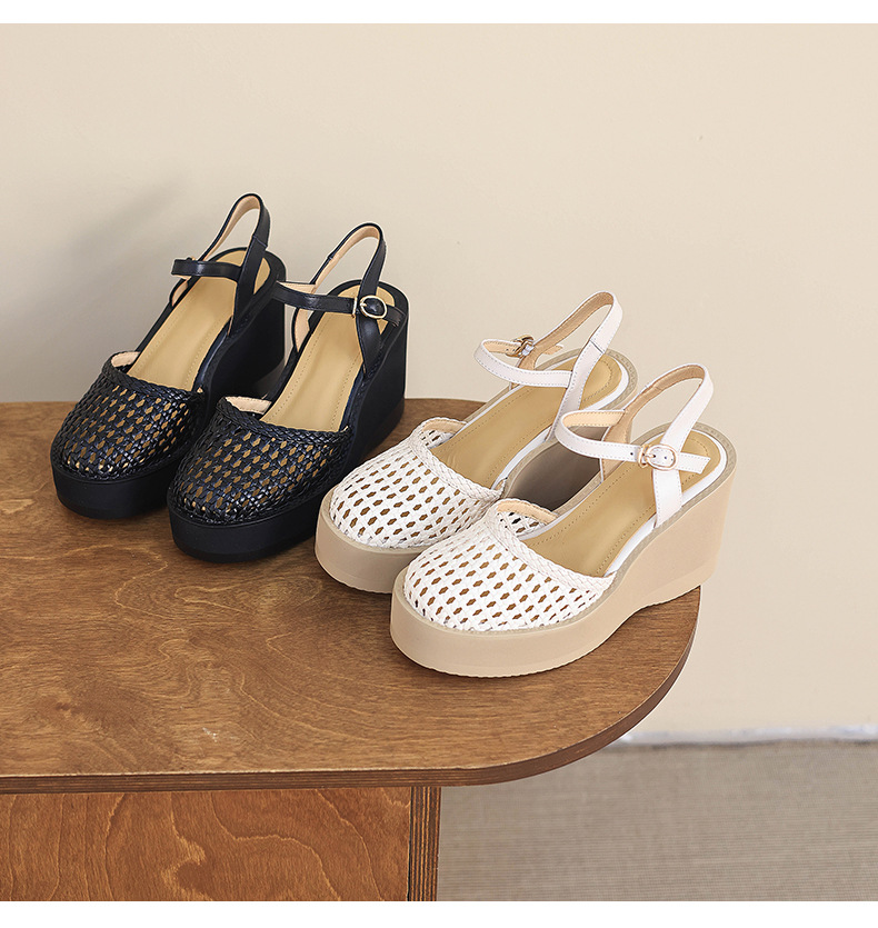 Sandal nữ da thật bít mũi đế xuồng cao gót 9 cm phong cách La Mã đan lưới — màu đen, màu trắng ngà chi tiết 15