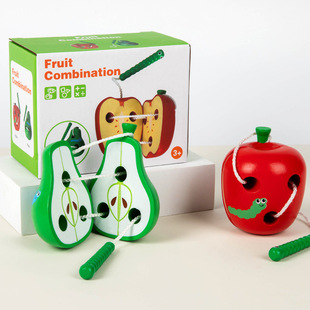 Children's Early Education Teaching Aids Wooden Fruit Threader Toys Worm Eating Apple Watermelon Pear Hand-eye Coordination Exercise