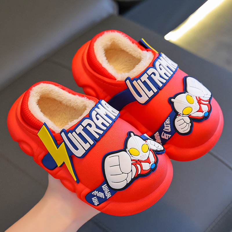 2024 nuevo invierno Ultraman zapatillas de algodón para niños impermeables calientes de peluche para niños pequeños y grandes zapatillas de algodón para niños pequeños