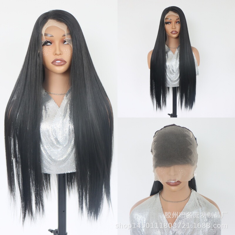 European and American fashion wigs, black long straight hair, full lace synthetic fiber, hand-crafted wigs, wholesale from manufacturer European and American fashion wigs, black long straight hair, full lace synthetic fiber, hand-crafted wigs, wholesale from manufacturer