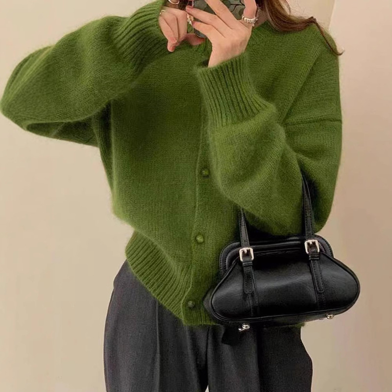 New Autumn and Winter Round Neck 100 Wool Sweater with Cardigan for Women, Loose Slimming Look and Age-Reducing Cashmere Knitted Jacket Top