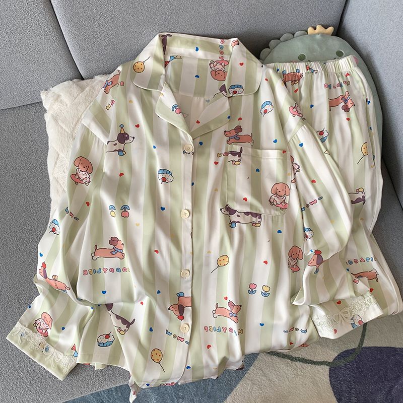 Entidad al por mayor productos de alta calidad primavera nuevo pijama de seda de hielo y nieve para mujeres delgada de verano dibujos animados set de ropa para el hogar se puede usar fuera