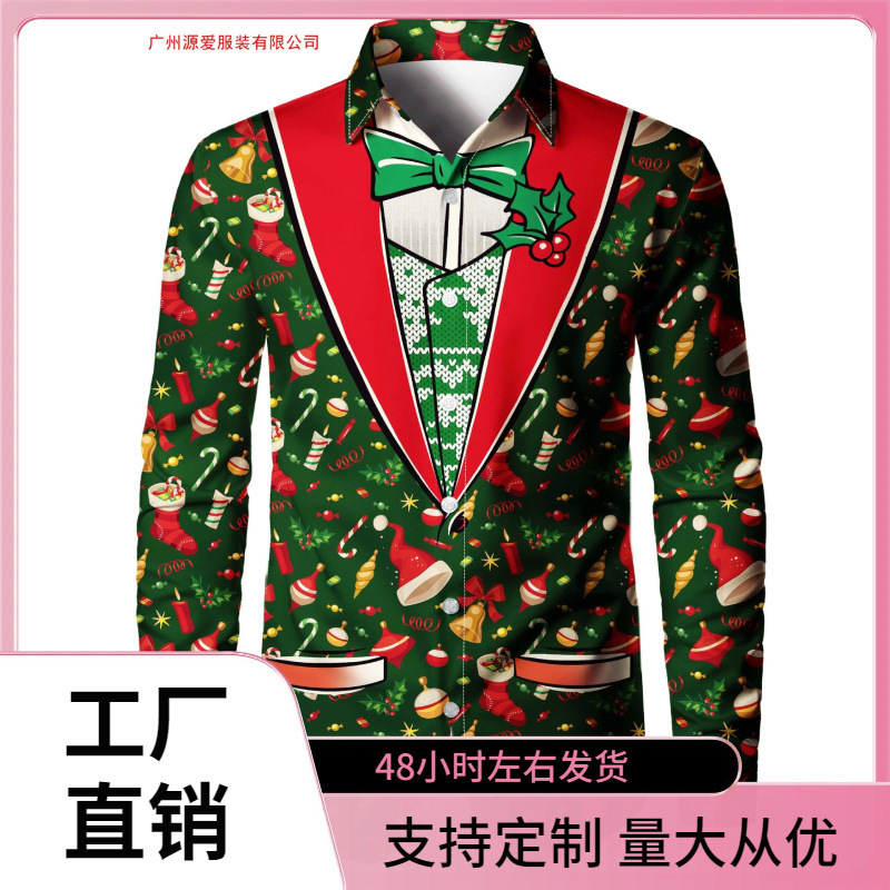 Christmas Theme Men's Fake Suit Tuxedo Print Formal Shirt Christmas Pattern Long Sleeve Shirt Fashion Men