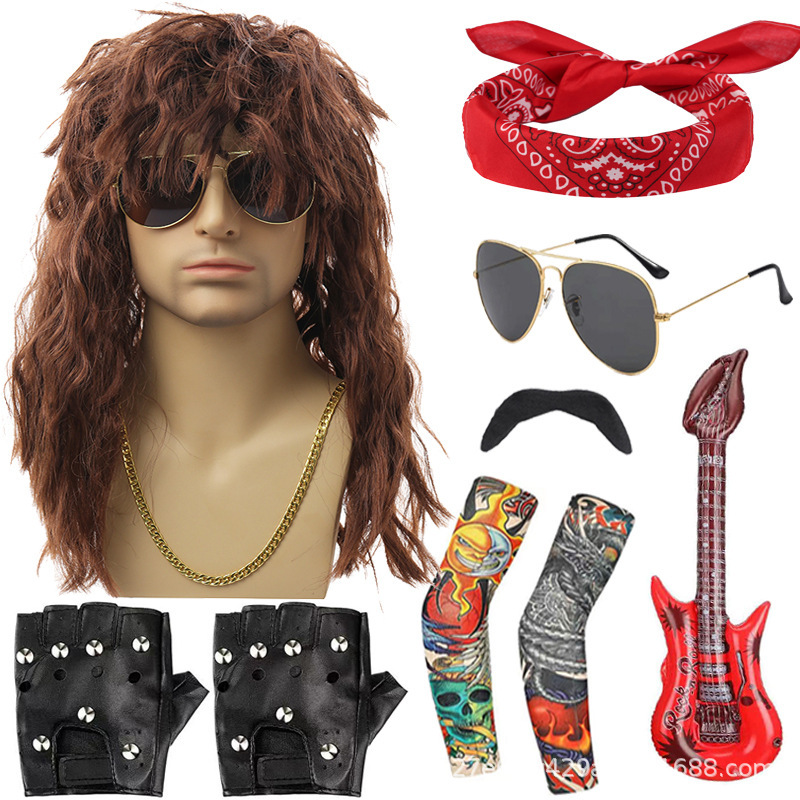 Long Curly Hair, Long Straight Hair, Tattoo Sleeves, Gloves, Beard, Wig, Heavy Metal Punk Rock, Suitable for Cross-Border Shipping