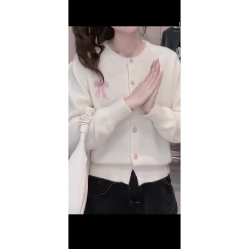 春秋短款高品质宽松圆领针织开衫新款减龄蝴蝶结毛衣上衣外套|undefined