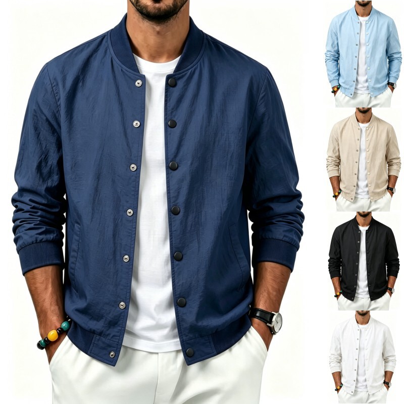 Spring and Autumn Men's Linen Washed Wrinkle Baseball Jacket, Solid Color Stand Collar Snap Button Jacket, Textured Fabric