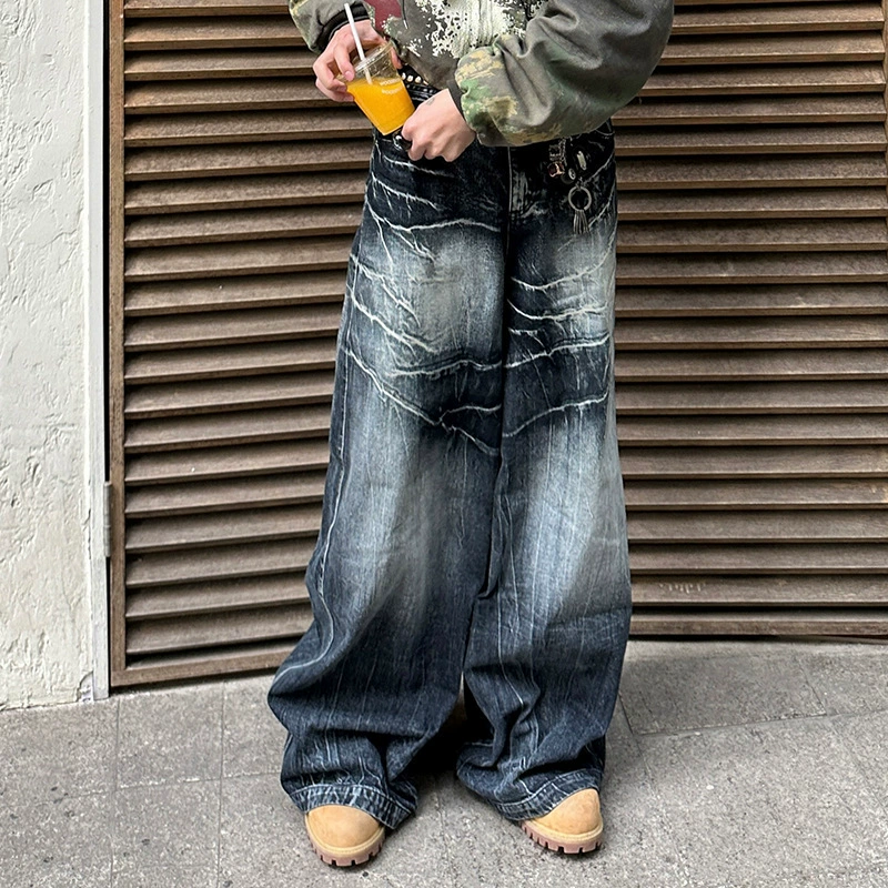 Вымойте старые джинсы с принтом молнии весной и осенью новый свободный американский ретро cleanfit широкие брюки