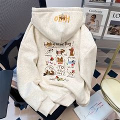 灰色小狗刺绣套头连帽卫衣女秋冬加绒加厚休闲宽松设计感长袖上衣