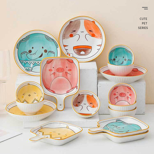 儿童萌趣盘子碗陶瓷可爱动物陶瓷餐具家用手柄盘烤盘饭碗米饭碗