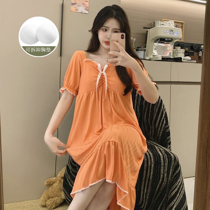 가슴 패드가 있는 새로운 여름 스타일 잠옷, 얇은 반팔 잠옷, 긴 러플 스위트 프린세스 홈웨어